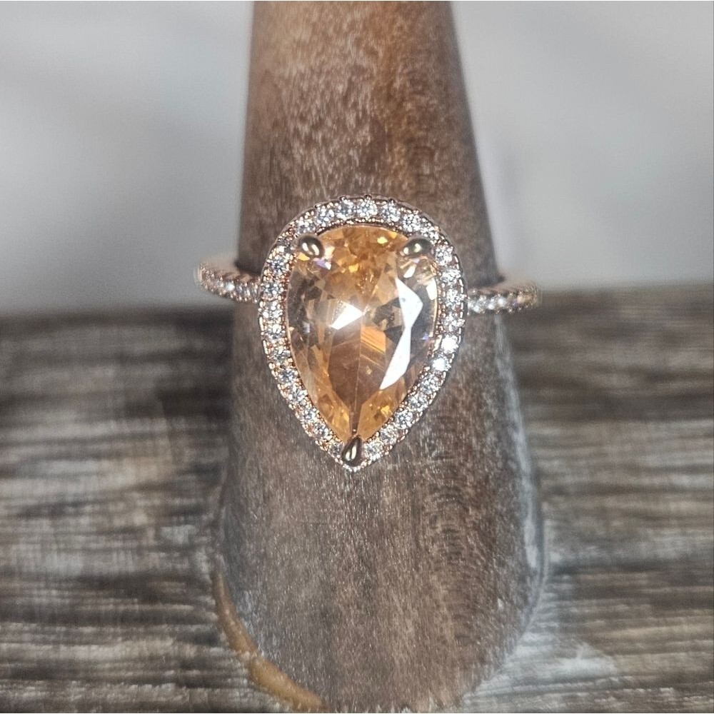 NWOT Rose Gold Teardrop Pear Peach Pink CZ Halo Ring Size 8 Stamped 925